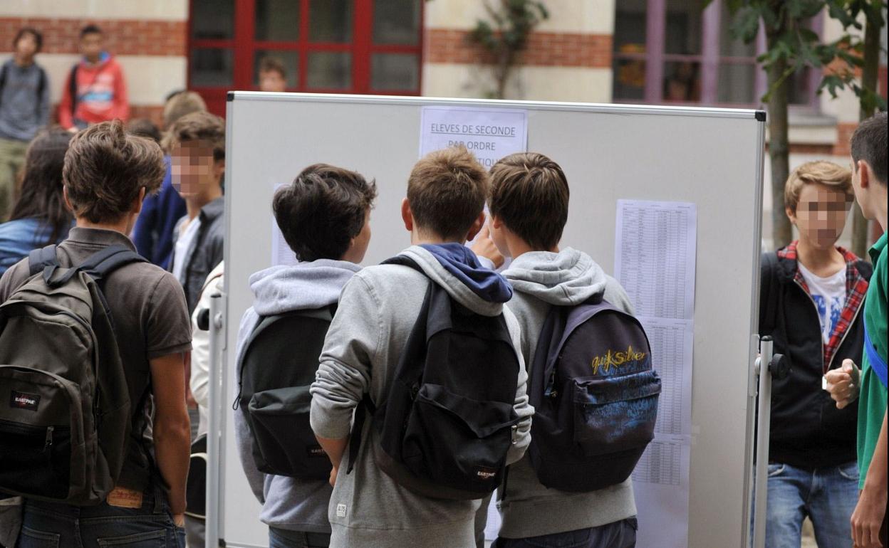 Un grupo de adolescentes observa sus notas, en un tablón exterior. 