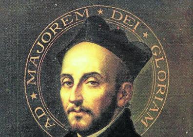 Imagen secundaria 1 - Retrato de Ignacio de Loyola, orlado con la divisa de la Compañía de Jesús: «Ad maiorem Dei gloriam» (Para la mayor gloria de Dios) y, a la derecha, herido en Pamplona en 1521, óleo del pintor mexicano Miguel Cabrera (s. XVIII). 