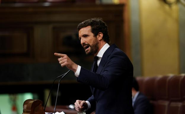 El líder del PP, Pablo Casado, interviene esl pasado miércoles en el Pleno del Congreso. 