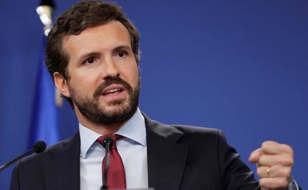 El presidente del PP, Pablo Casado, durante su balance de este jueves.