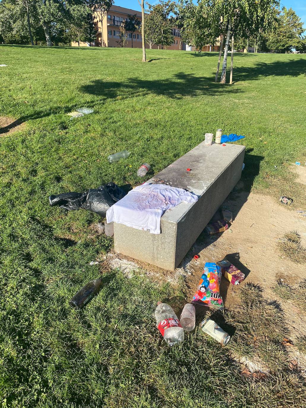 A pesar de su prohibición en el campus, las novatadas universitarias siguen siendo un hecho en el parque de La Ribera, donde los participantes abandonaron los restos de los juegos con los que 'reciben' a los universitarios. 