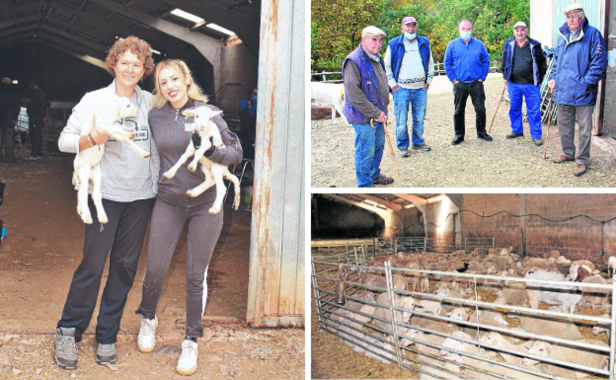 Las pastoras, los jubilados con el alcalde y el rebaño de ovejas. 