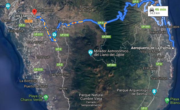 Recorrido desde el aeropuerto de La Palma hasta Los Llanos de Aridane. 