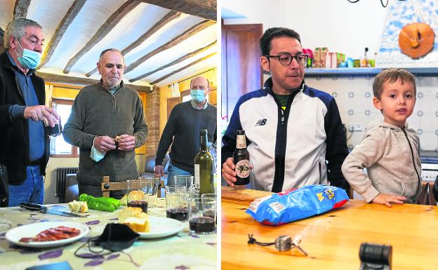 Un grupo de navarros picotea chorizo de Mendigorría regado con vino, mientras preparan calderete en la casa rural Senderuela, en Panzares. A la derecha, Jorge Ceca, junto a uno de los niños del grupo de quince personas que pasan el puente en Torrecilla. 