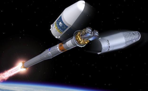 Recreación del momento previo a la separación de los dos satélites del cohete, ya en órbita terrestre.