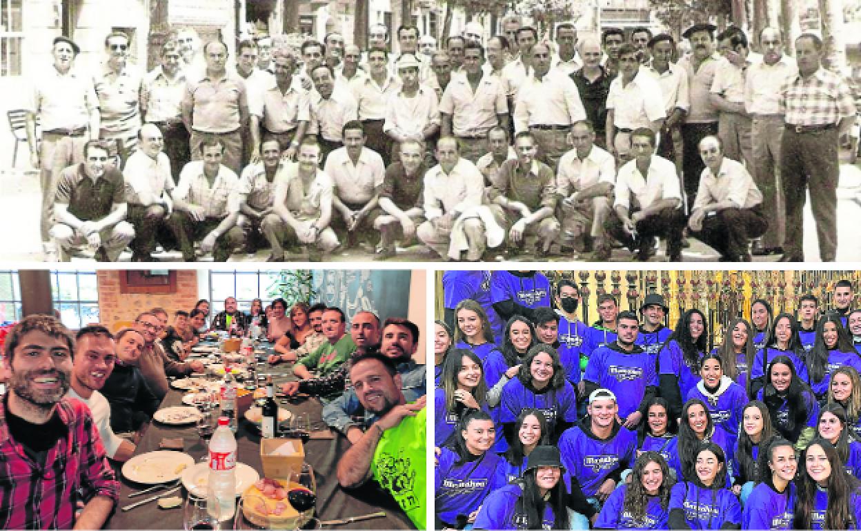 Fotografías en blanco y negro, en las que solo salían hombres. Los quintos de 1977, de comida, y los del año 2002, en su visita a la imagen del Santo, 