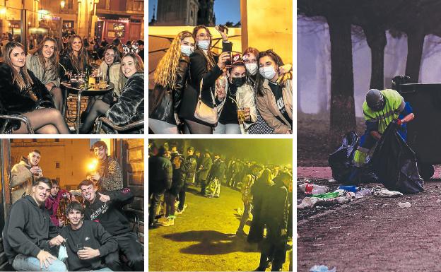 Varios grupos de jóvenes se congregan en la plaza del Mercado, por la tarde, y cientos en el parque del Ebro, por la noche. A la derecha, limpieza por la mañana. 