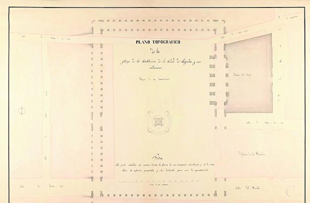 Plano topográfico. Entonces era la plaza de la Constitución, e Hijón en 1845 proyectó unas galerías porticadas que tendían a unificar y homogeneizar la plaza existente, así como una fuente en el centro.