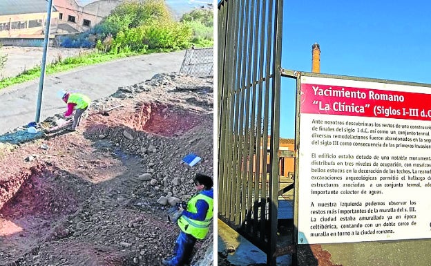 Exacavaciones en la zona noroeste del vallado y cartel en el vallado. 