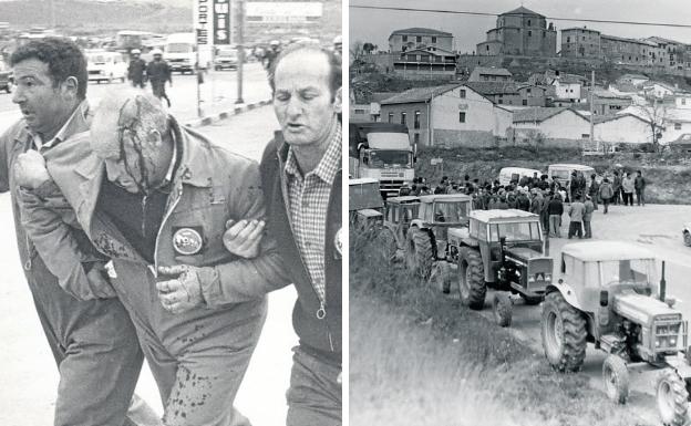 Un herido durante la jornada de protesta convocada en 1986. y tractorada en Briones durante la Transición. 