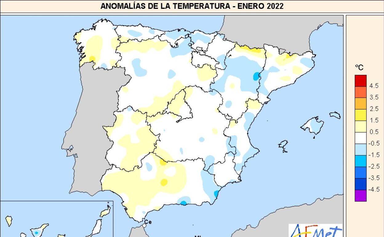 Mapa con la anomalía de las temperaturas. 