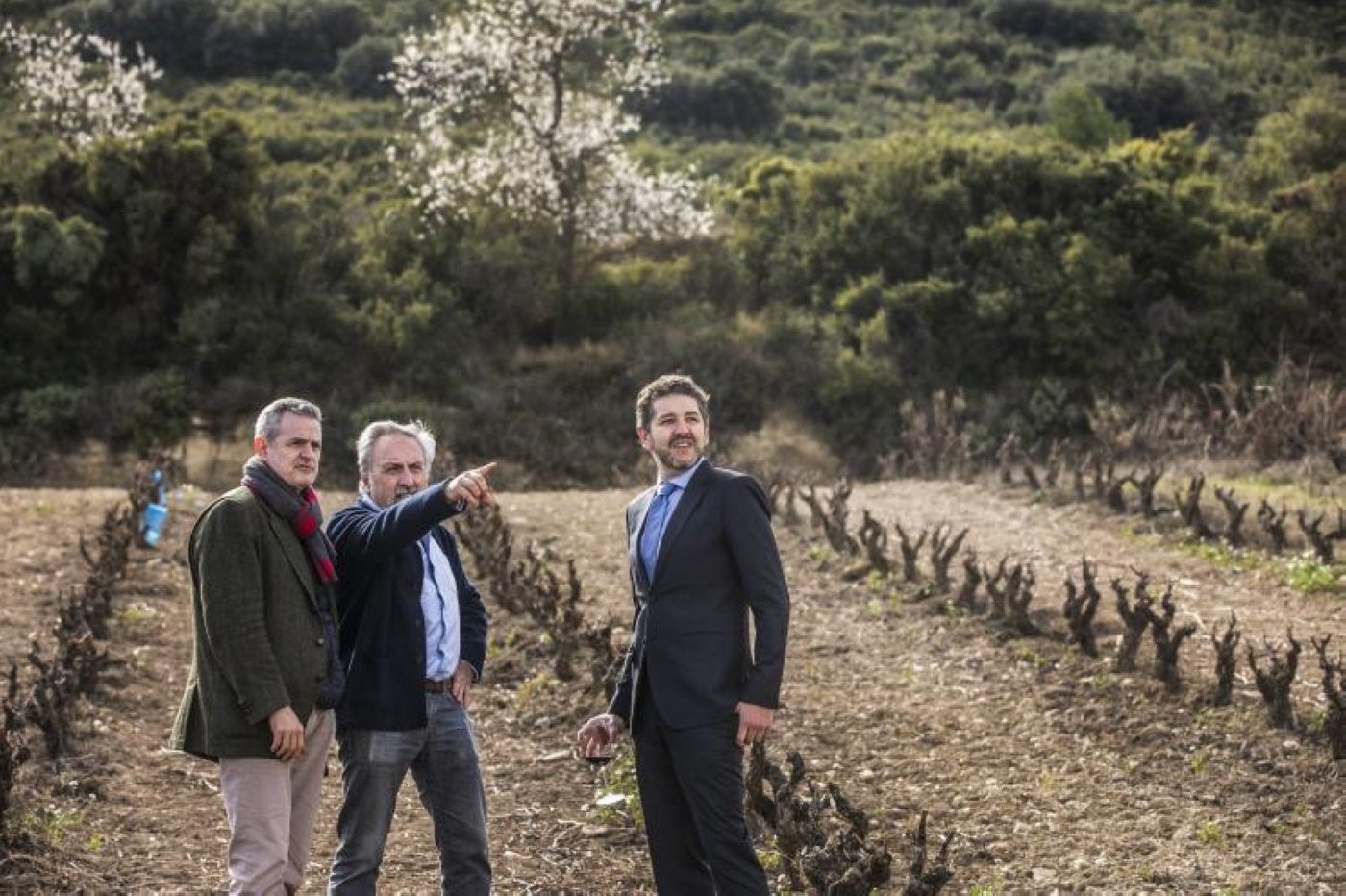José Ignacio Ruiz de Palacios y David Maeztu, de MoonBase, con Carlos Estecha, propietario de la Romántica Compañía de Vinos, en un de sus viñedos de Laserna. 