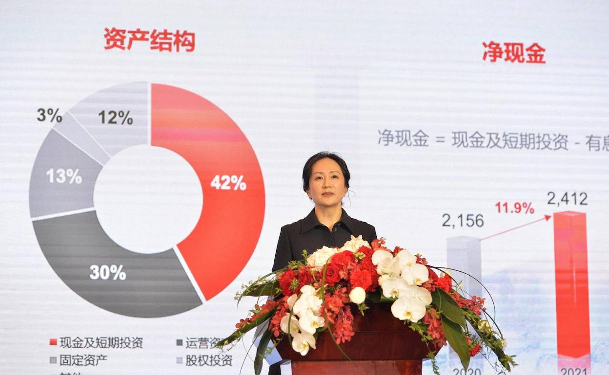 La hija del fundador de Huawei, Meng Wanzhou, presentando los resultados. 