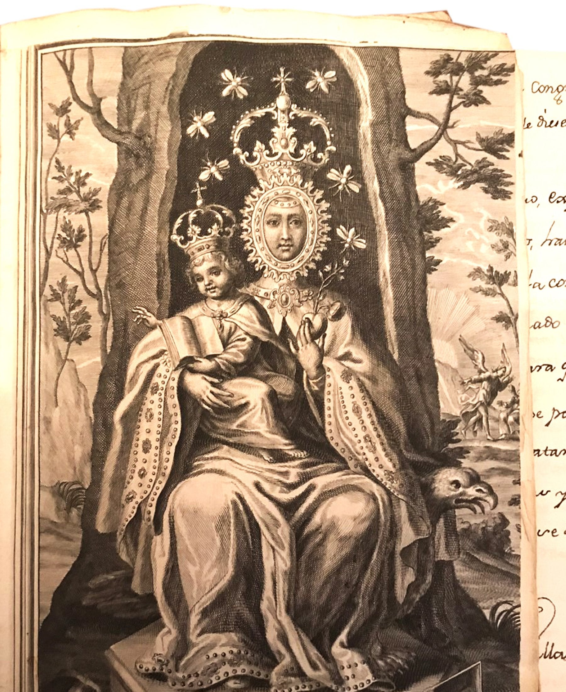 Grabado de la Virgen de Valvanera, de mediados del siglo XVIII, incluido en el primero de los dos volúmenes de documentación que conserva la parroquia madrileña de San Ginés. 