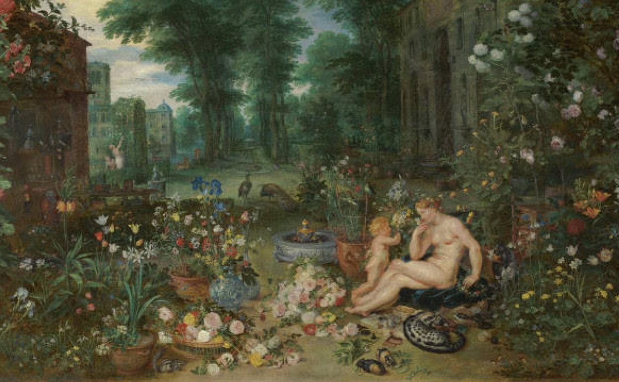 'El olfato' de Pedro Pablo Rubens y Jan Brueghel el Viejo, Óleo sobre tabla pintado entre 1617 y 1618. 