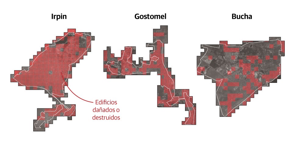 La devastación en Irpin, Gostomel o Bucha: la mitad de los edificios destruidos