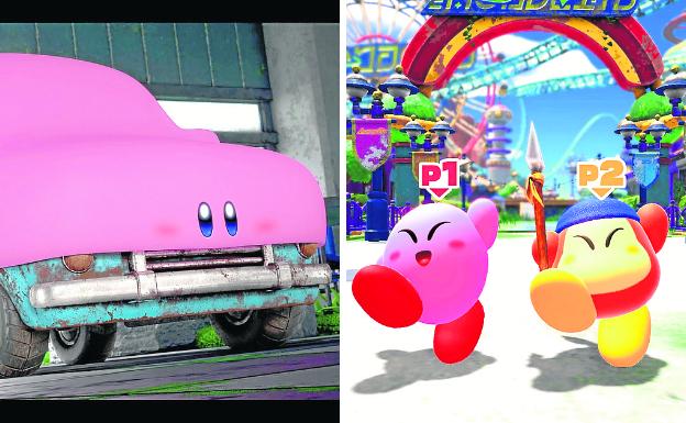 Kirby puede adoptar diferentes formas, como la de un coche. La diversión se multiplica si jugamos con otro compañero. 