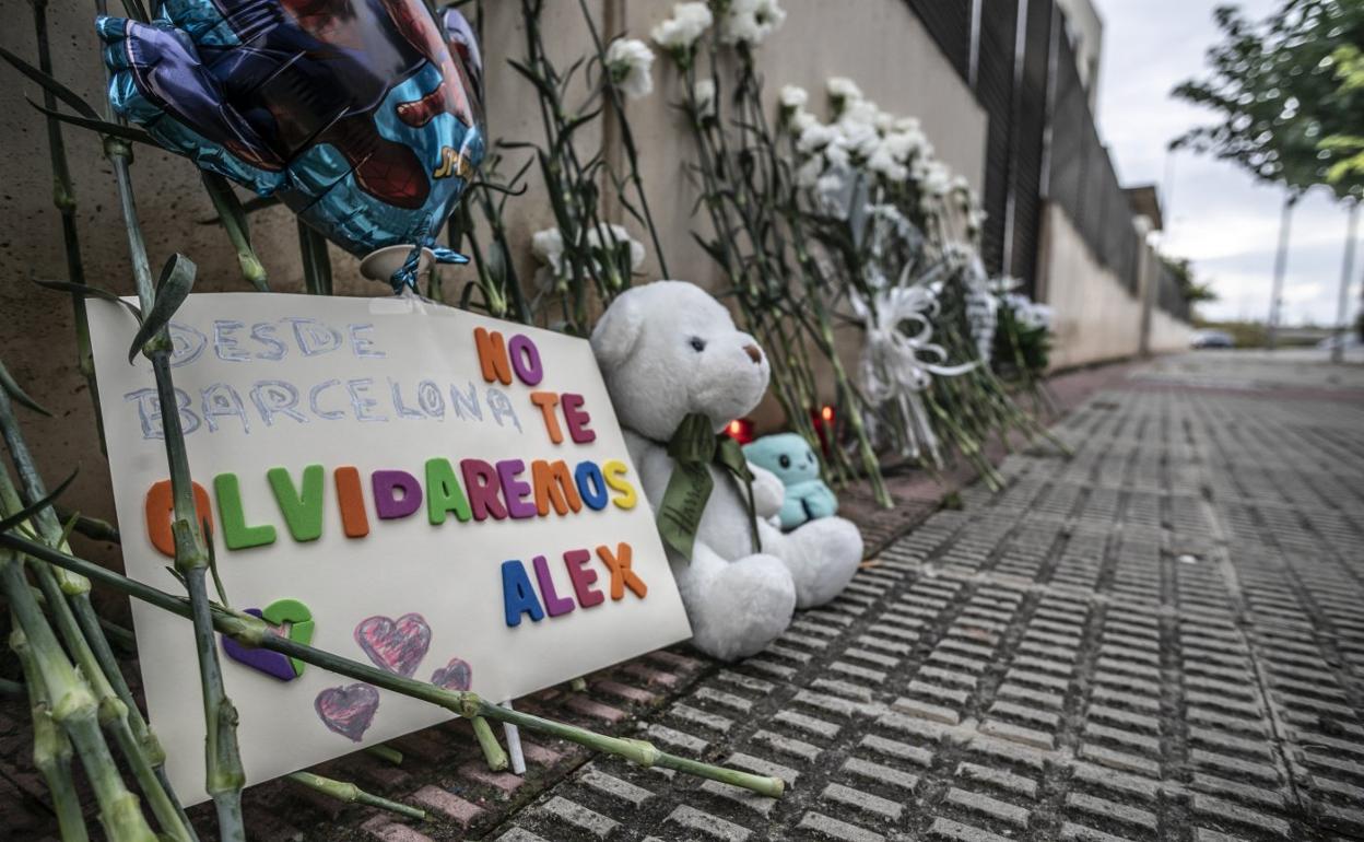 Flores y peluches en recuerdo del pequeño Álex en el barrio Entre Ríos de Lardero. 