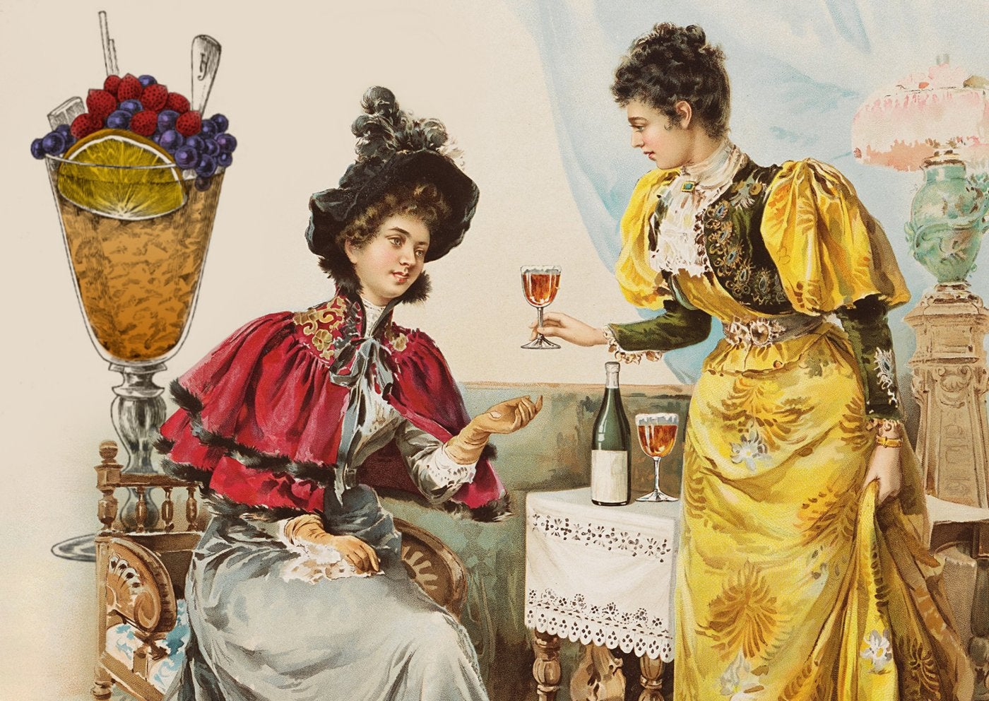 Iustración de dos mujeres tomando un sherry-cobbler tomada de un recetario alemán de 1901. 