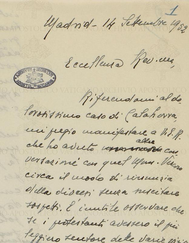 Carta del nuncio Cicognani a monseñor Tardini