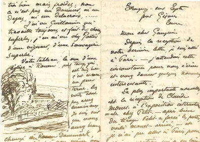 Imagen secundaria 1 - Bocetos y carta de Matisee a su esposa (arriba). Carta de Pisarro a Gauguin y postar intervenida por Lucien Freud 