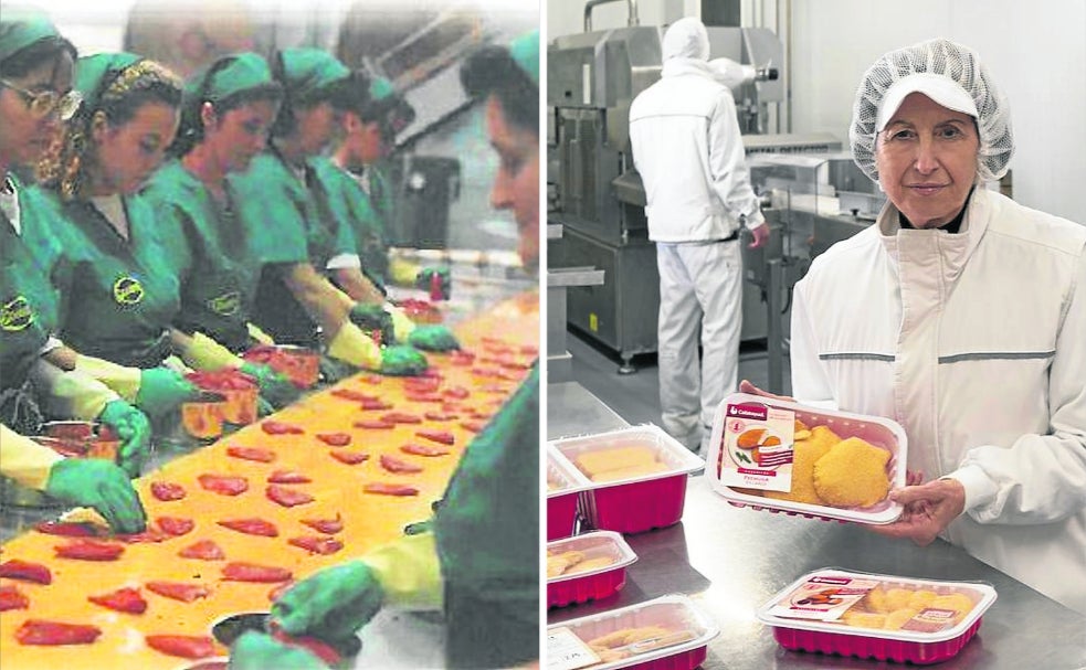 Las empresas agroalimentarias hace 40 años contaban con gran mano de obra, como se ve a la izquierda en Cosami, pero a día de hoy la maquinaria reeemplaza parte del trabajo manual, como en la imagen de la derecha en Calatayud.