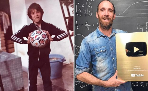 Eduardo, en 1982, con un balón de Naranjito; y hoy, con un premio de YouTube.