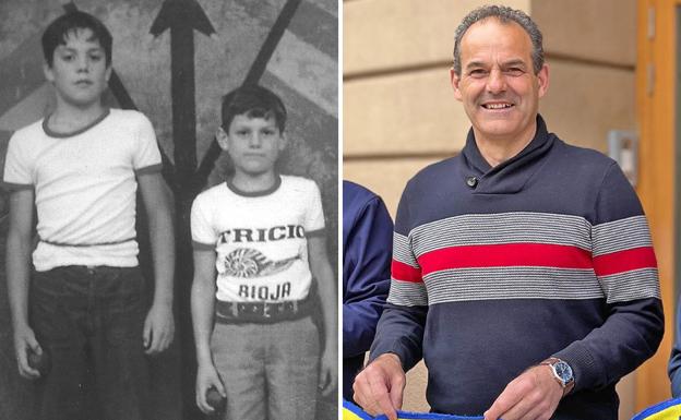 Titín, con su hermano Agustín, en el frontón de Tricio. Y hoy, en una foto reciente. 