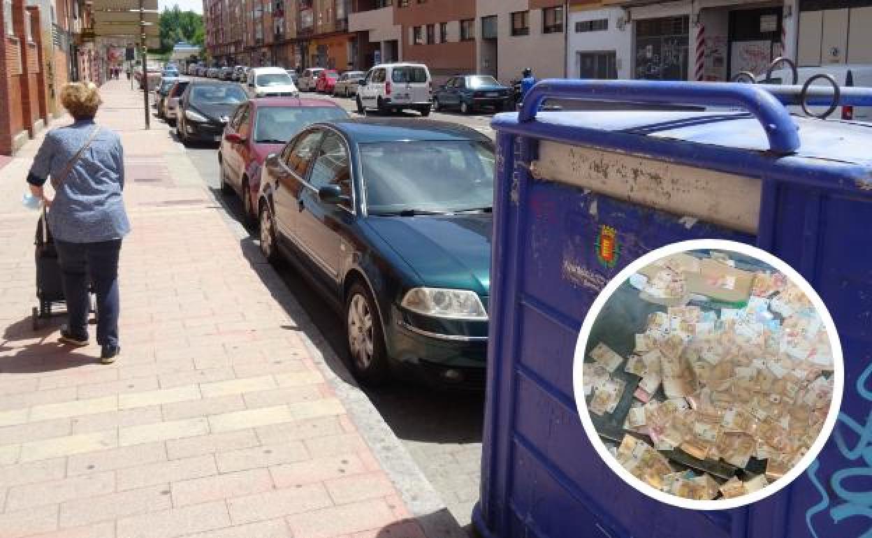 El contenedor de la calle General Shelly de Valladolid y detalle del dinero encontrado en su interior.