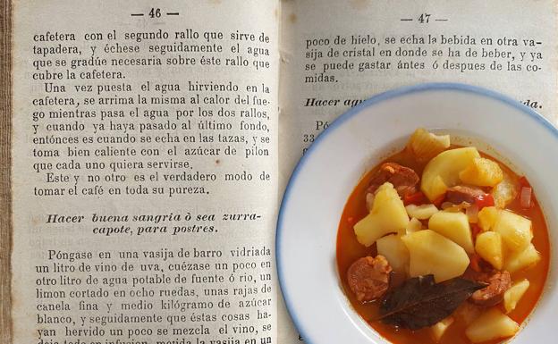 Páginas de 'Tesoro completo del hogar doméstico' (Emeterio Andrés, 1884) y patatas a la riojana. 