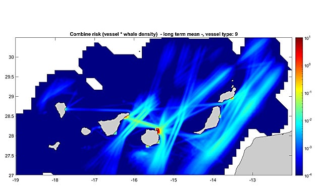 Mapa rutas marinas y presencia ballenas.