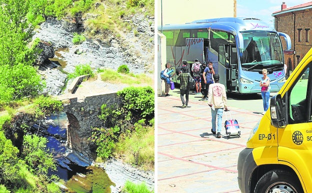 A la izquierda, pozas del Jubera. A la derecha, los compañeros del fallecido se montan en el autobús de regreso. 