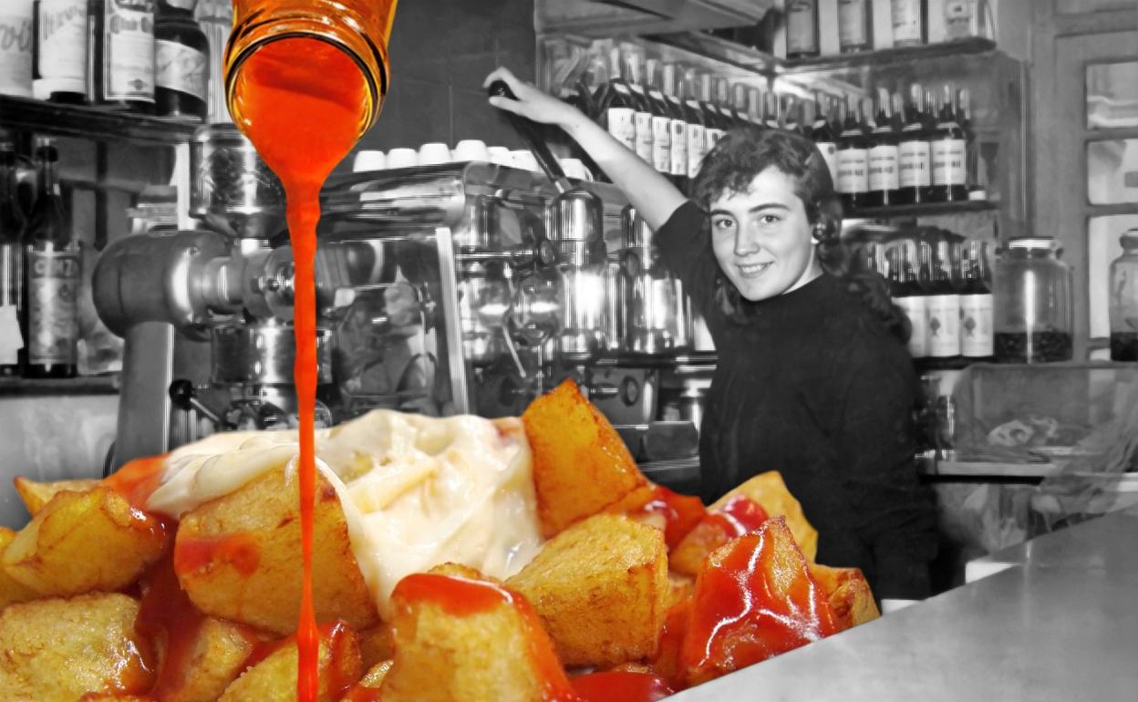 Montaje de una ración de bravas y una tabernera de un bar de Madrid. 