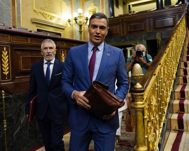 El presidente del Gobierno, Pedro Sánchez, y el ministro de Interior, Fernando Grande-Marlaska, en su llegada al Congreso