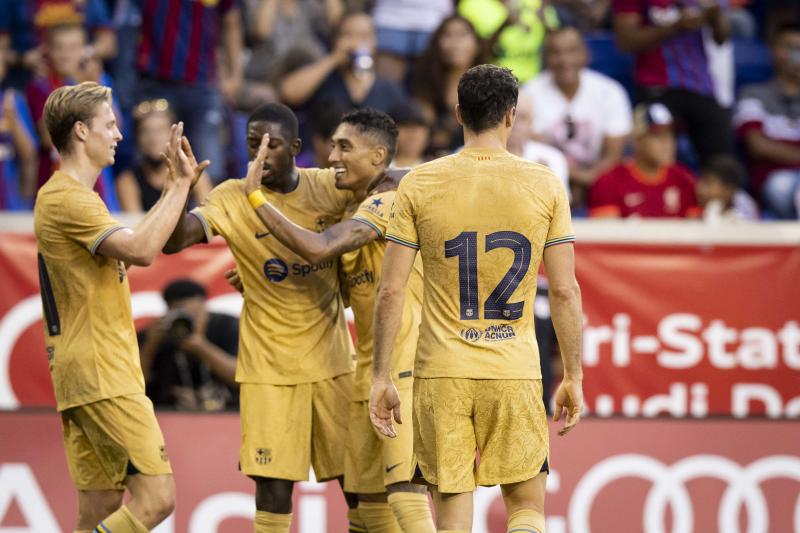 Los culés celebran el tanto de Dembelé ante el New York Red Bulls en su último amistoso de la gira americana.