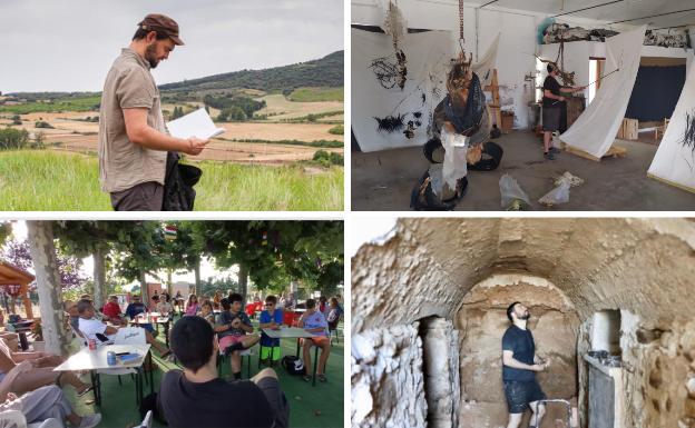 Carlos Ramírez 'Zorromono' toma notas sobre el terreno en los campos de Ocón; prepara varias piezas en su taller en Nalda.; se reunió con los vecinos de Santa Lucía para explicar el proyecto y trabajando in situ en una de las ubicaciones seleccionadas en el pueblo. 