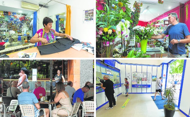 Arriba, tienda de arreglos La Puntada y floristería Rosa Blanca. Abajo, Café Delicias, que mantiene su puerta cerrada y la administración de loteríanúmero 13, que carece de puerta. 