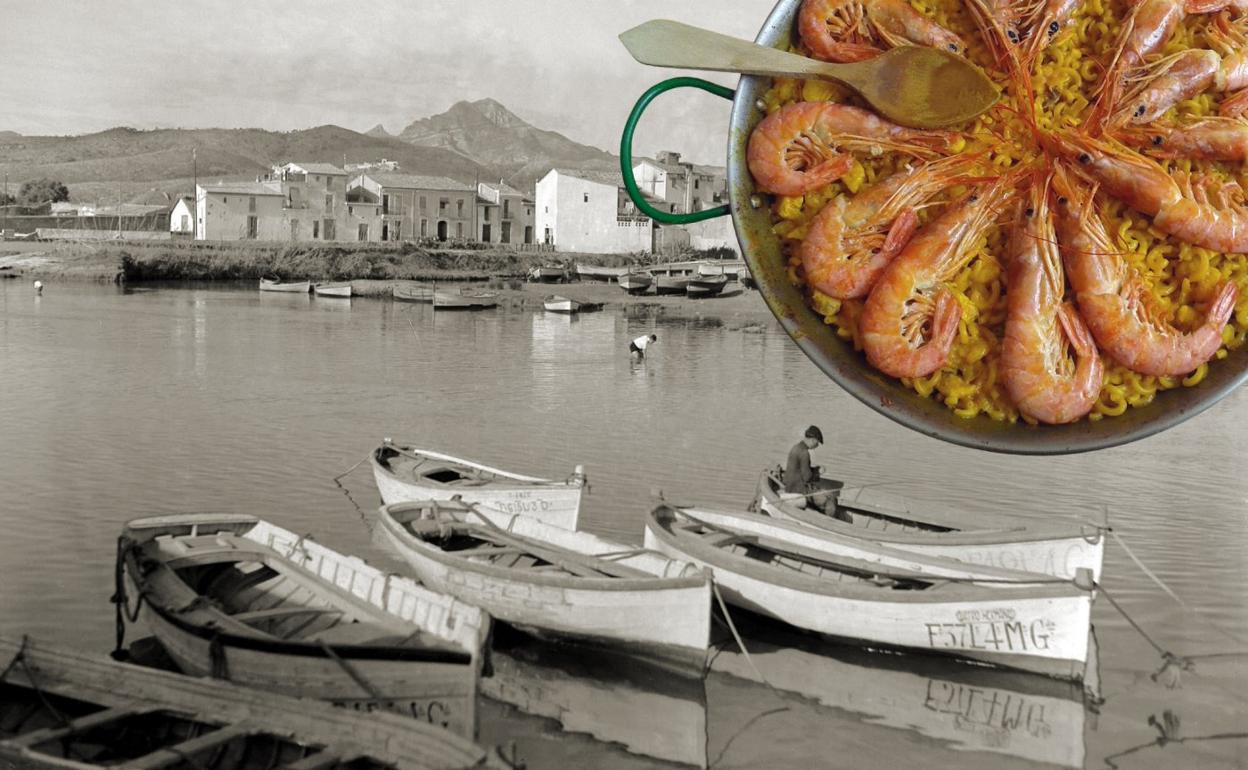 Barcas de pescadores en el Grao de Gandía, en los años 30, e imagen de una fideuá. 