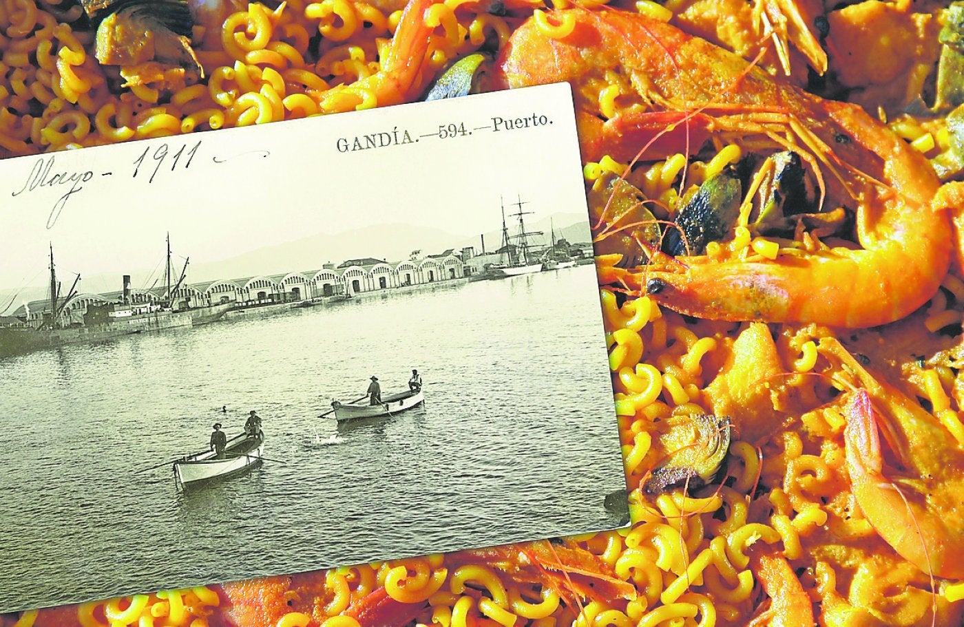 Fideuá y postal antigua del puerto de Gandía (1911). 
