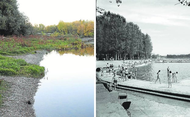 Imagen del río en la actualidad y de las piscinas fluviales de Logroño. 