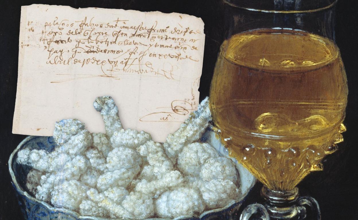 Confites de azúcar en un cuadro de Georg Flegel (s. XVII) y carta de pago firmada por Cortés. 