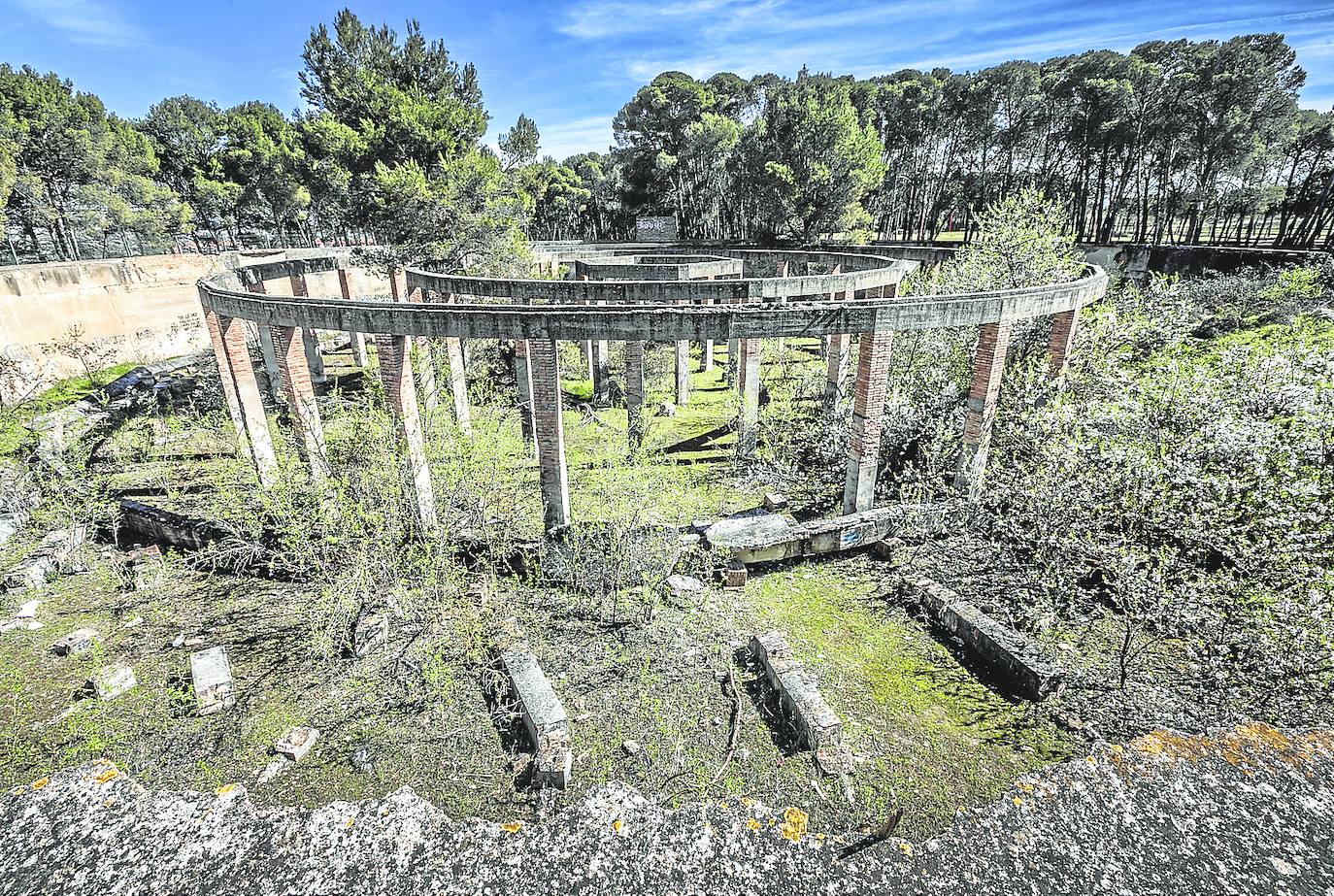 El depósito circular, vallado, con sus curiosas columnatas entre ruinas, vegetación y grafitis con apariencia de 'crómlech'.