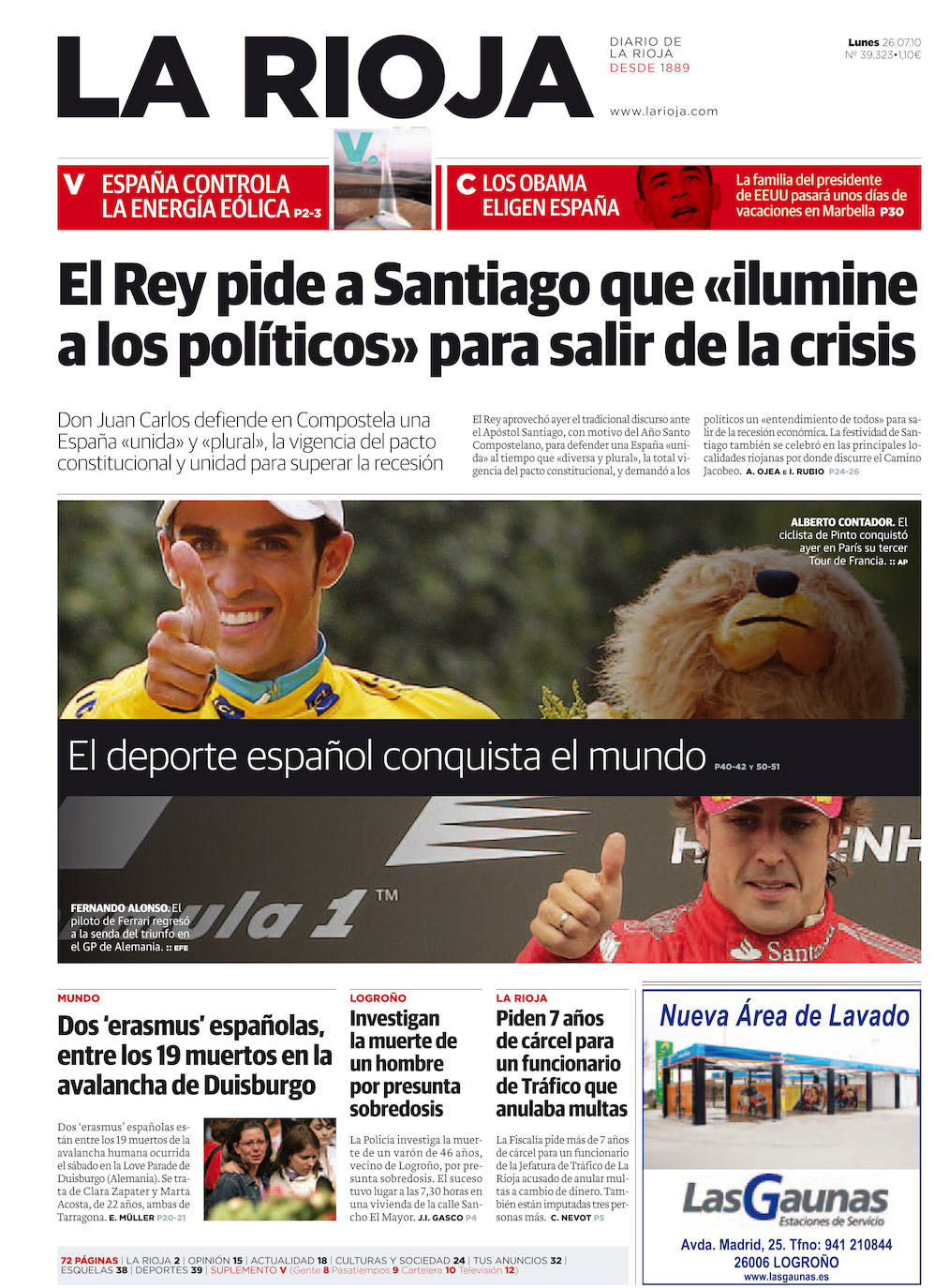 Imagen - 26 de julio de 2010: Portada deportiva, con Contador y el triunfo de Fernando Alonso en el GP de Alemania.