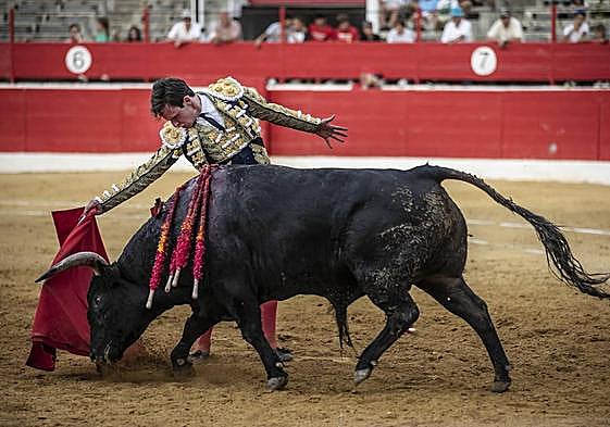 Fabio Jiménez pega un derechazo al novillo de Chamaco.