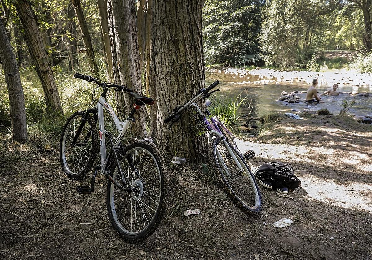 Las bicicletas de Andrei y Adrián, aparcadas mientras ellos se bañan en el río Iregua a primera hora de la tarde de ayer.