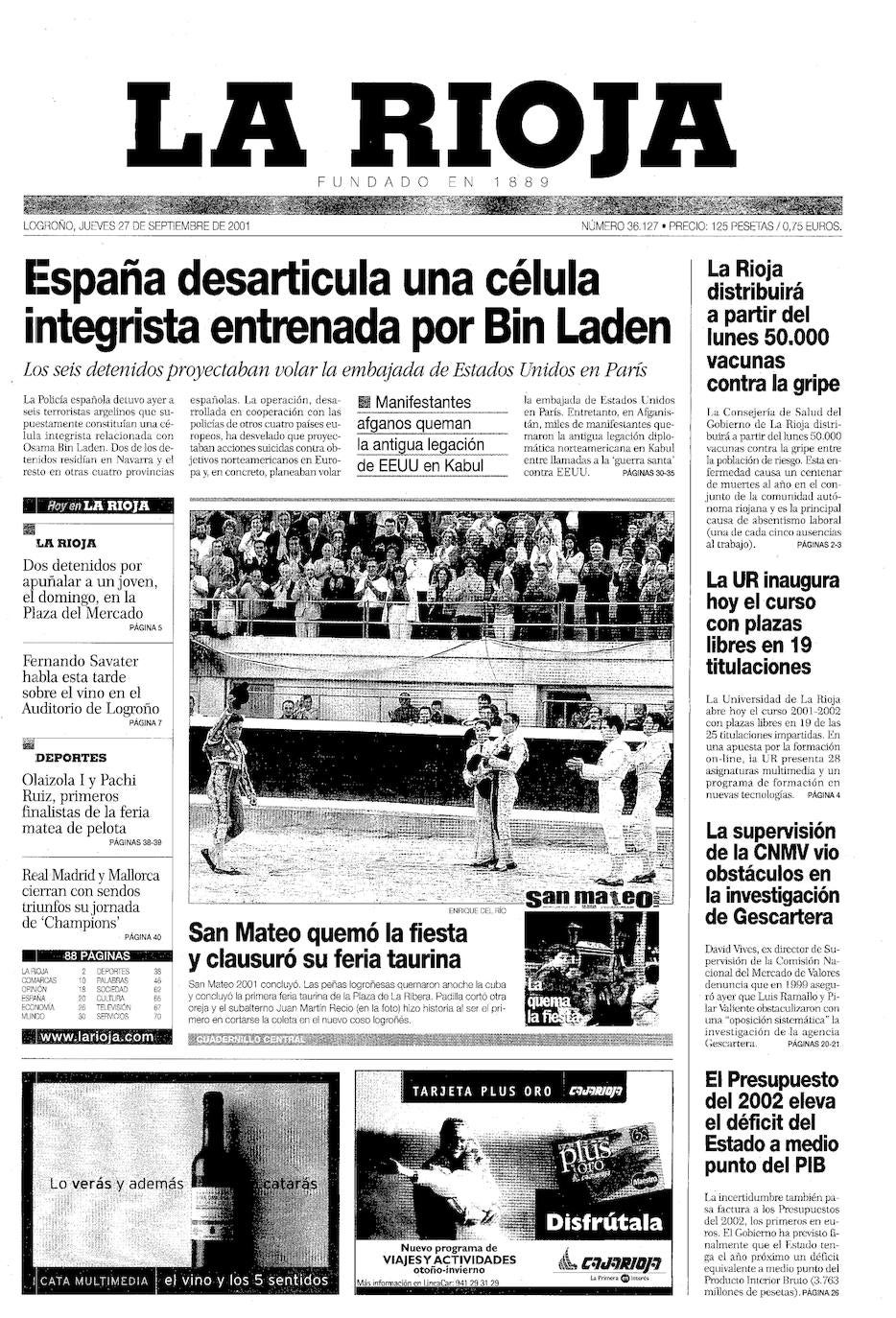 Imagen - 27 de septiembre de 2001: la portada destacaba el cierre de los sanmateos y de la feria taurina en la inaugurada plaza de La Ribera.