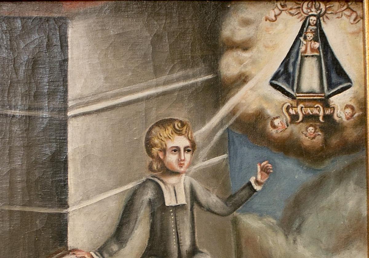 Exvoto en Carrasquedo (Grañón). Al vecino Joaquín sele cayó un hijo por la ventana, invocaron a la Virgen y el pequeño quedó sin lesión.