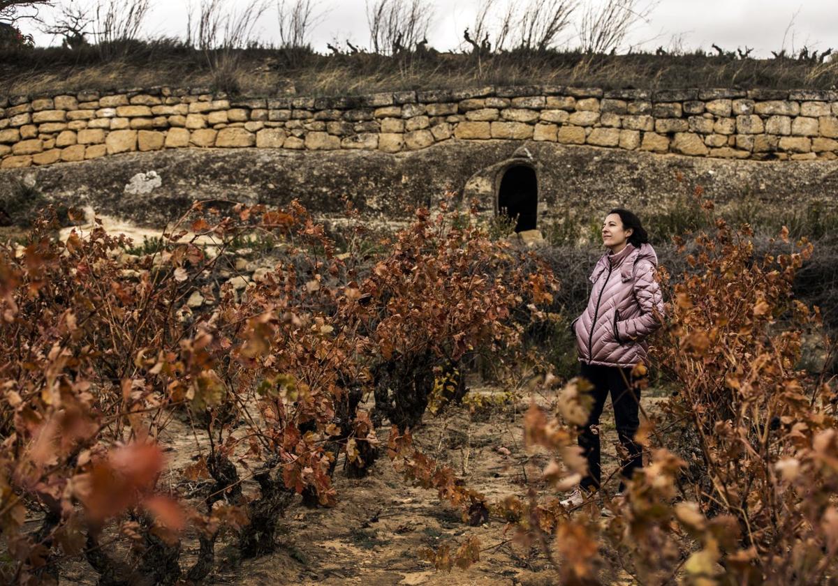 Rosana Lisa, entre cepas de tempranillo en Valhonta y con la choza al fondo. Abajo poda en el viñedo.