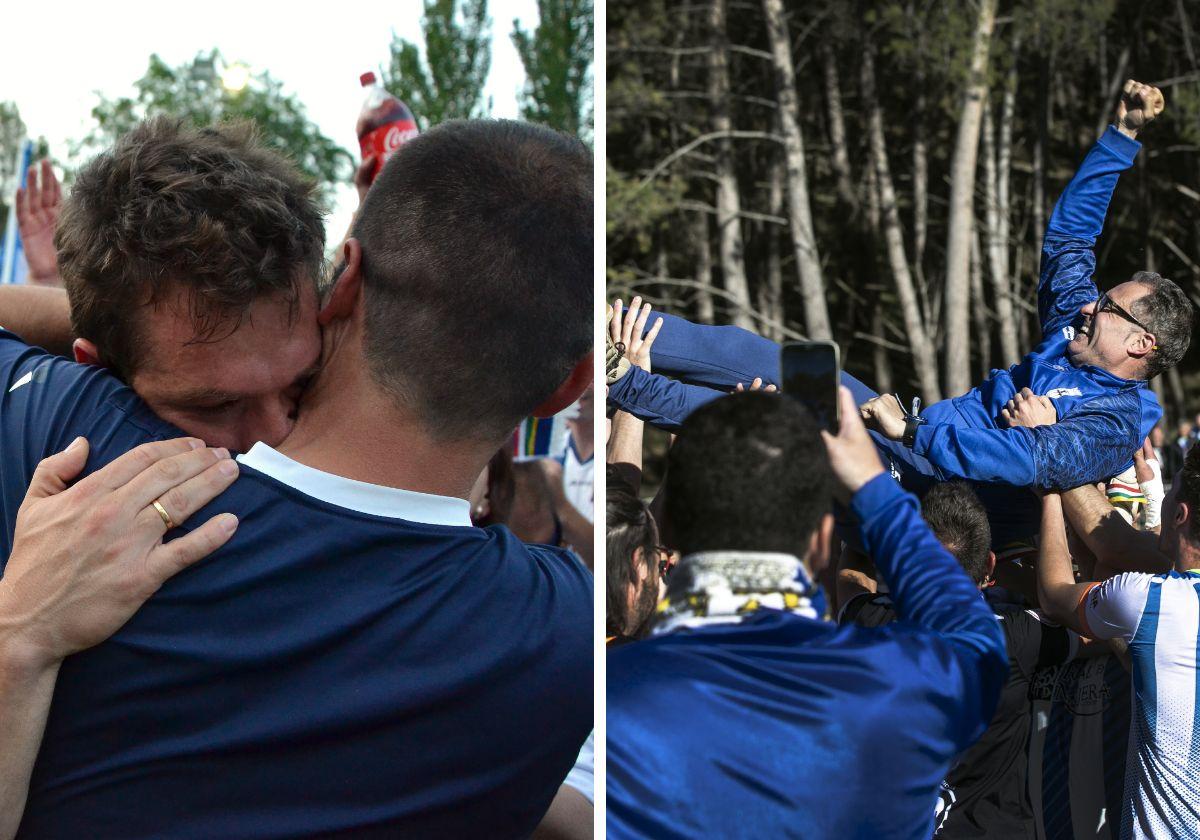 Diego Martínez, tras superar con el Náxara la segunda eliminatoria por el ascenso ante el Villarrobledo en 2017; a su lado, Arturo Guerra, manteado tras lograr el ascenso a Segunda Federación.