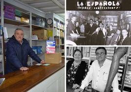 A la izquierda, Pedro Luis Madorrán Sáenz, apoyado en el mostrador de madera que desde el año 1931 conserva La Española. A la derecha, Ernesto Madorrán, junto a clientes y familia, en el interior de la tienda, y Anamari Sáenz (ya fallecida) y su hijo Pedro, detrás del mostrador, en 2008.